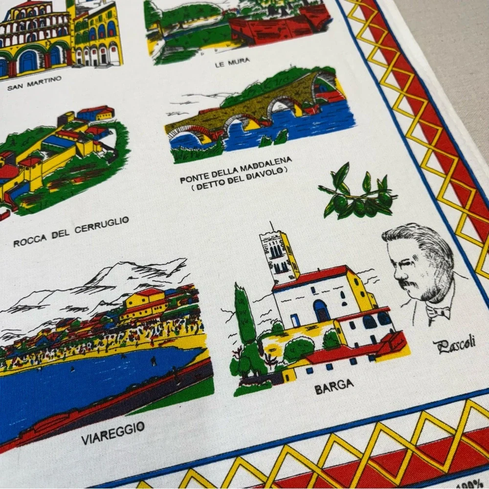Lucca Illustrated Cotton Tea Towel - Colorful Landmark Print